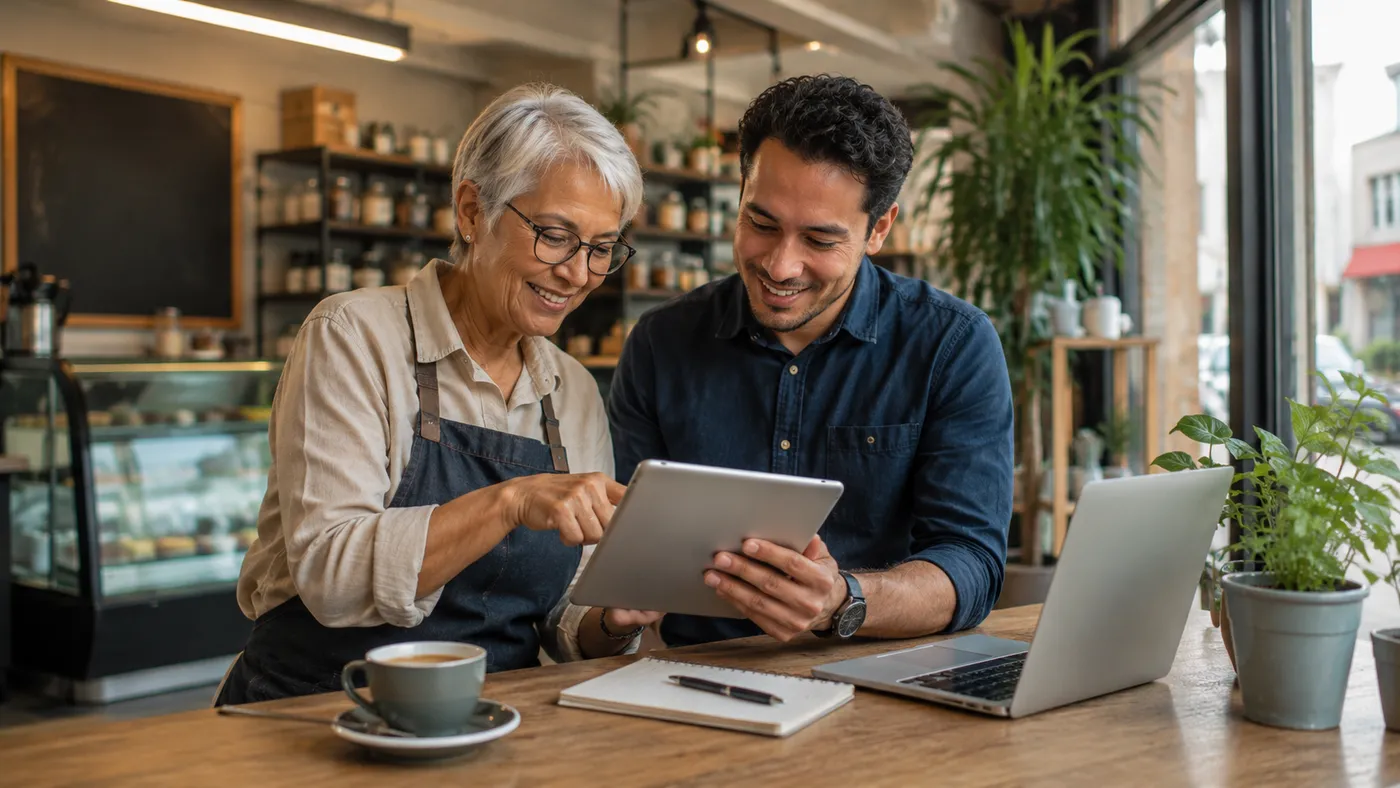 A Canterbury small-business owner and a colleague getting instant answers from a tablet over coffee