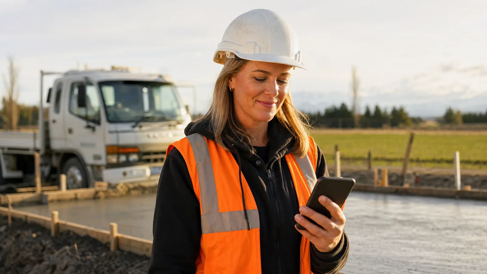 A Canterbury construction business owner in a hi-vis vest and hard hat on a freshly poured concrete site, glancing at her phone with a quiet smile — a polite payment reminder just sent
