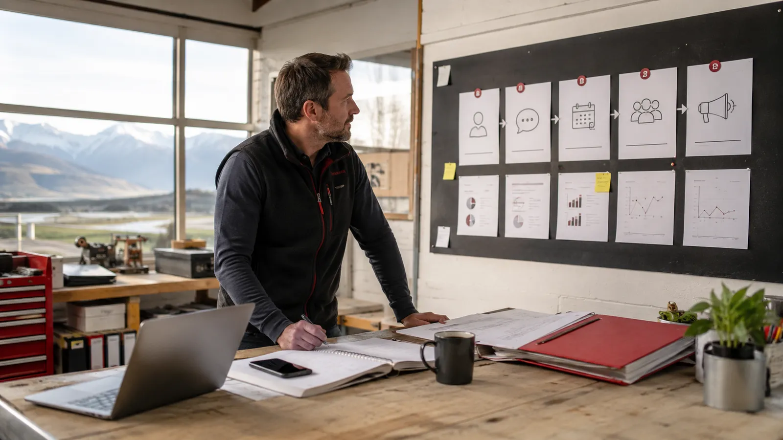 A Canterbury business owner reviewing a growth-system map of connected steps on the wall of a sunlit workshop, the Southern Alps beyond