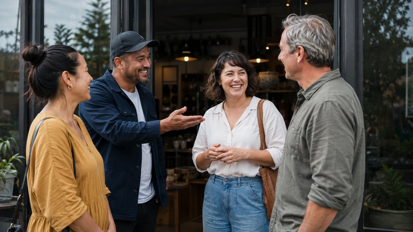 A diverse group of friendly Canterbury locals chatting warmly outside a local shop, a recommendation passing between them